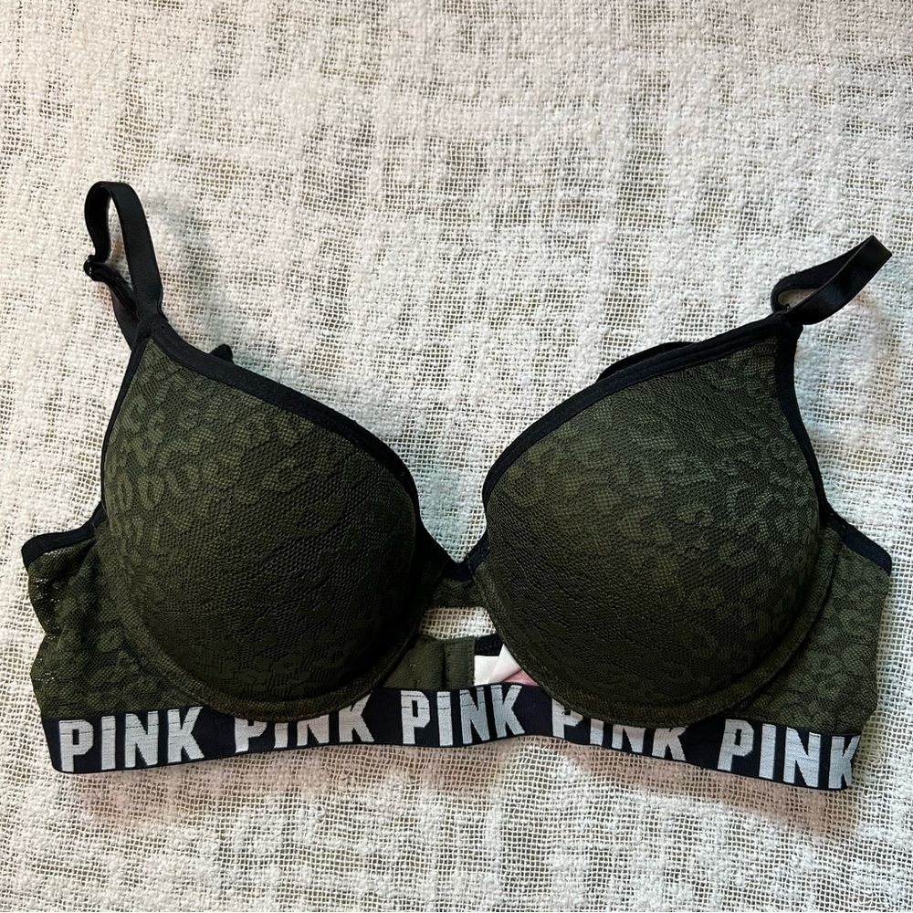 Victoria's Secret PINK Green Push Up Bra Leopard Print Bra Size 34B
